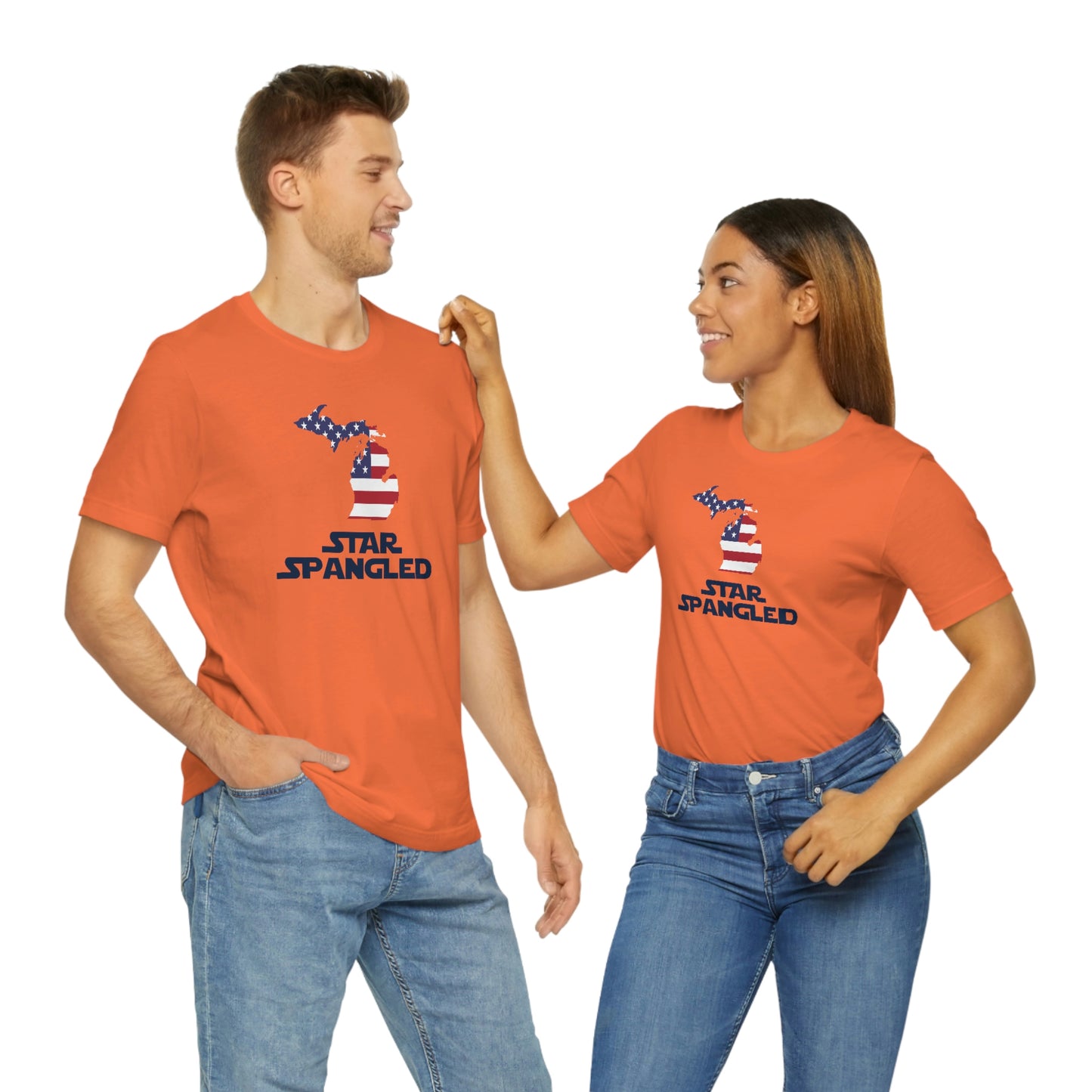 Michigan 'Star Spangled' T-Shirt (Epic Sci Fi Font w/ MI USA Flag Outline) | Unisex Standard Fit