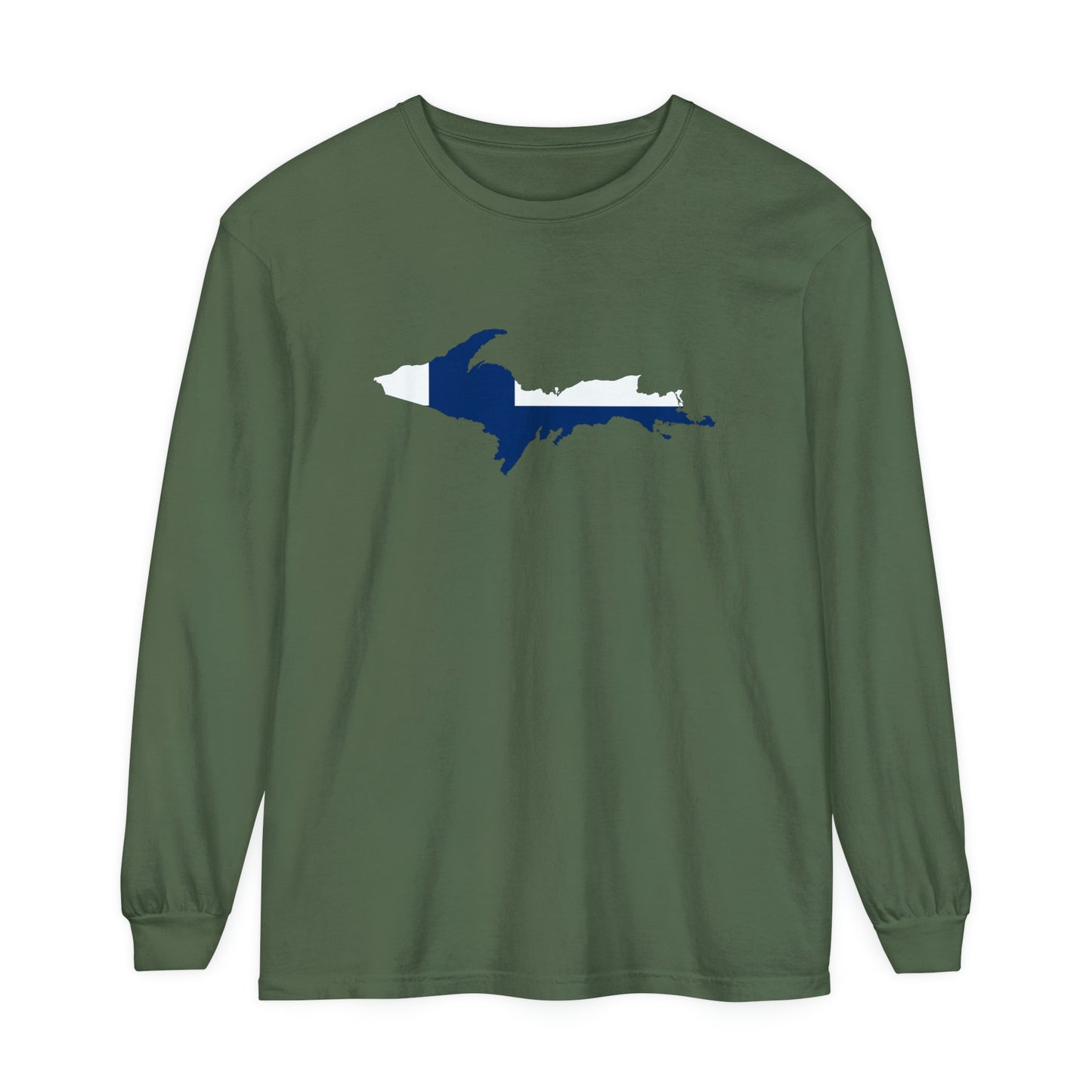 Michigan Upper Peninsula Garment-Dyed T-Shirt (w/ UP Finland Flag Outline) | Unisex Long Sleeve