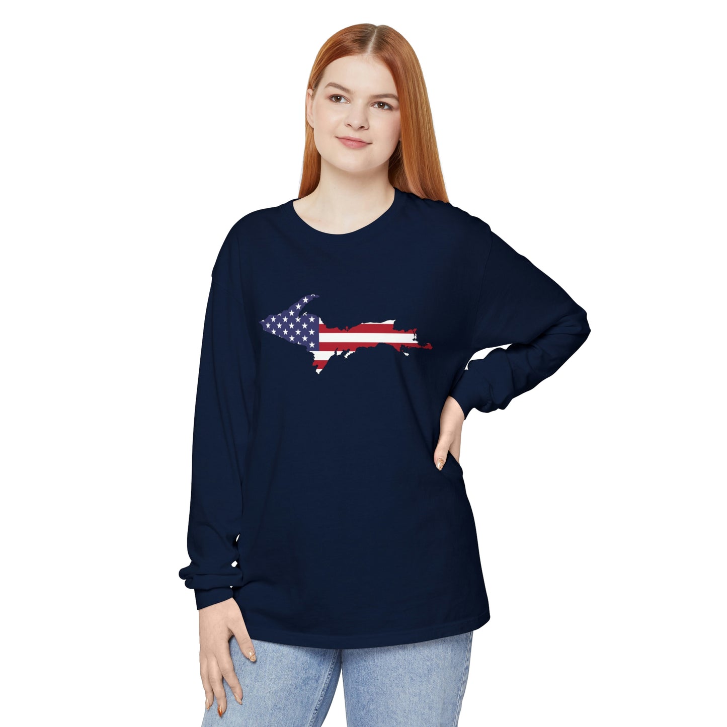 Michigan Upper Peninsula Garment-Dyed T-Shirt (w/ UP USA Flag Outline) | Unisex Long Sleeve