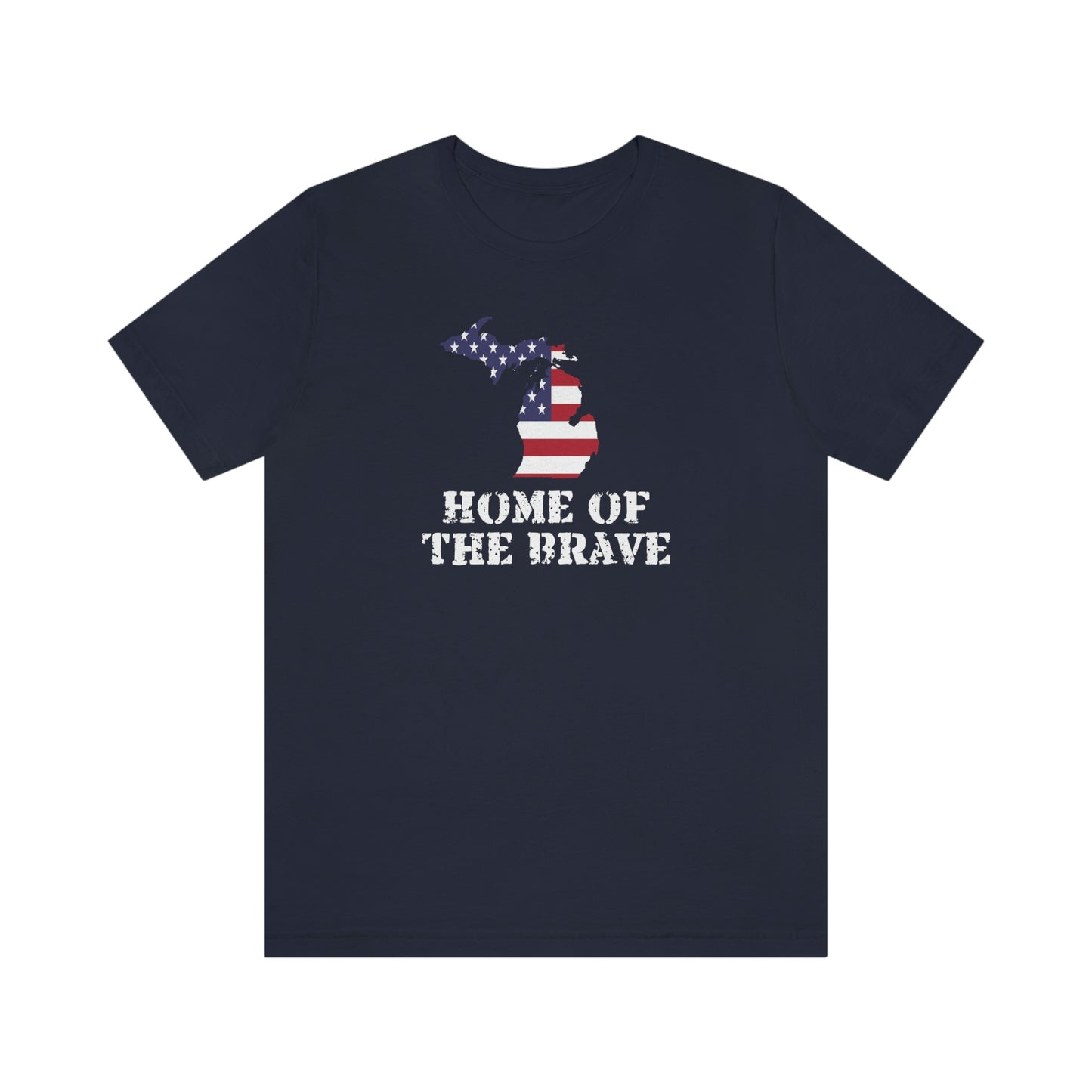 Michigan 'Home of the Brave' T-Shirt (Distressed Stencil Font w/ MI USA Outline) | Unisex Standard Fit