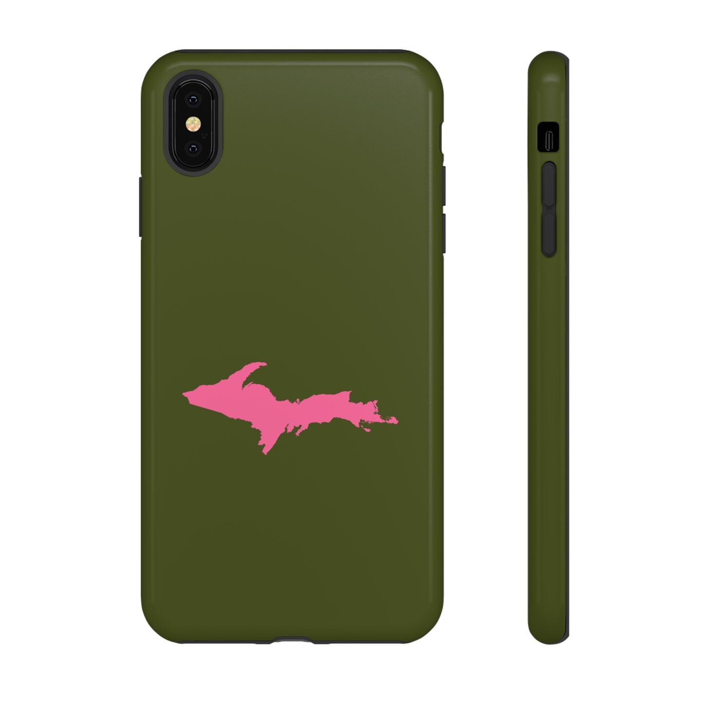 Michigan Upper Peninsula Tough Phone Case (Army Green w/ Pink UP Outline) | Apple iPhone