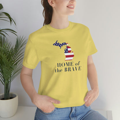 Michigan 'Home of the Brave' T-Shirt (Didone Font w/ MI USA Outline) | Unisex Standard Fit