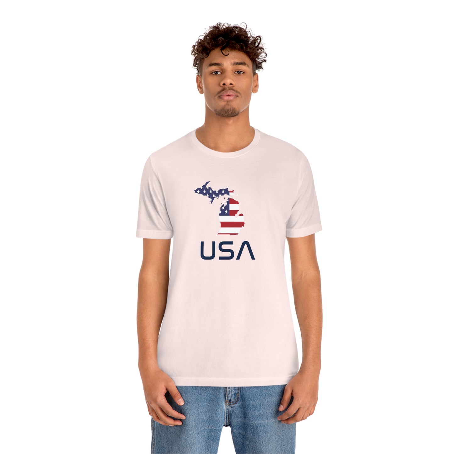 Michigan 'USA' T-Shirt (Space Agency Font w/ MI USA Flag Outline) | Unisex Standard Fit