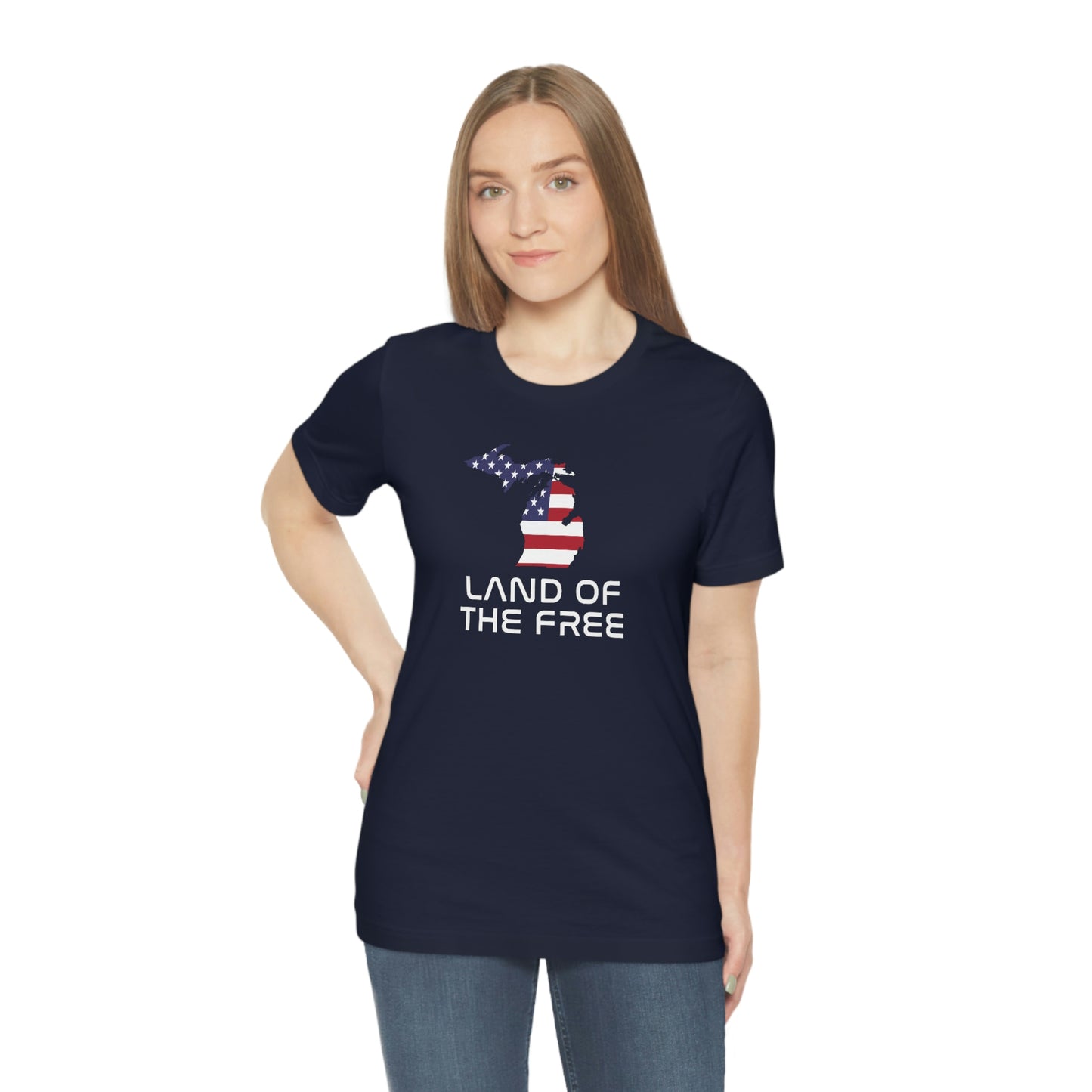 Michigan 'Land of the Free' T-Shirt (Space Agency Font w/ MI USA Flag Outline) | Unisex Standard Fit