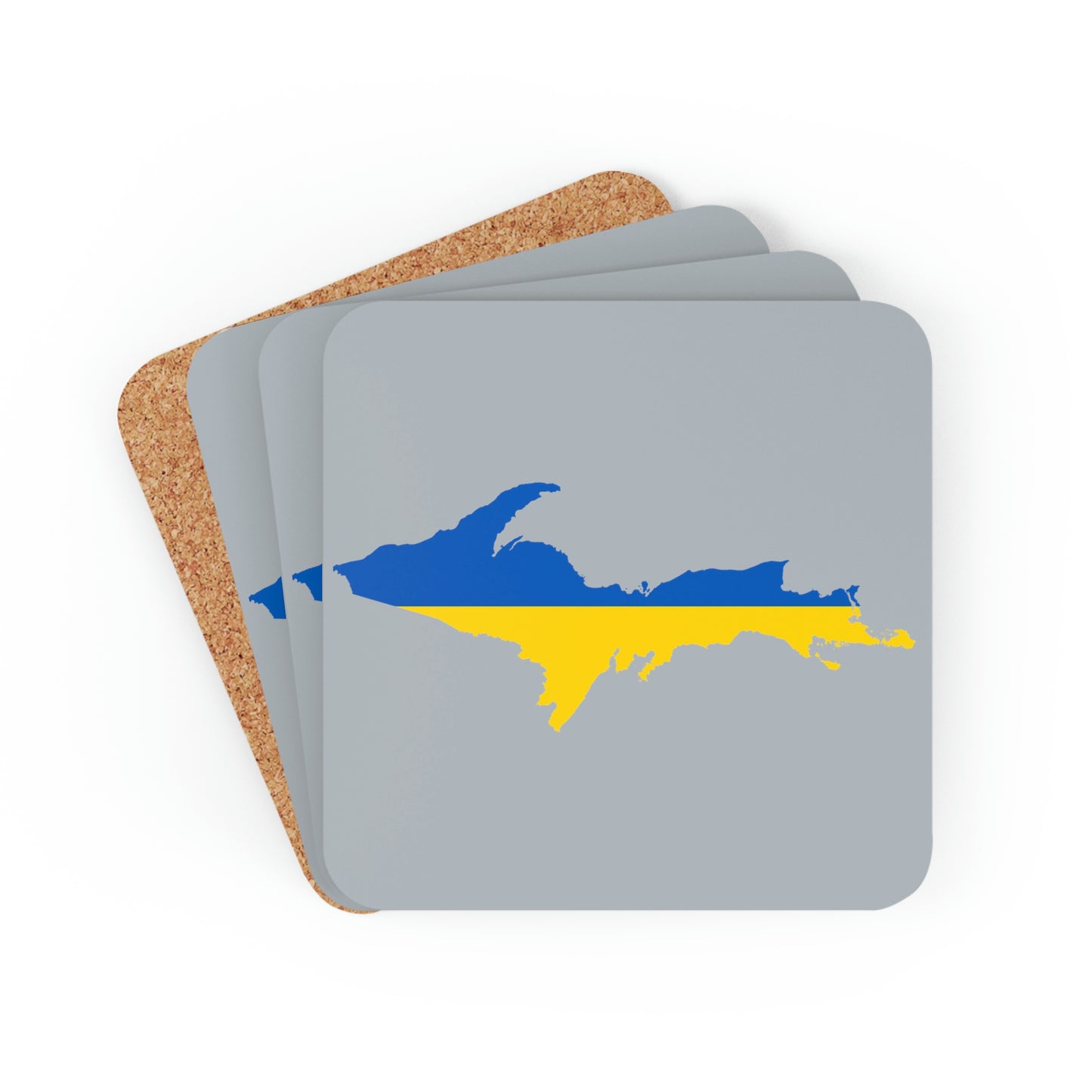 Michigan Upper Peninsula Coaster Set (Silver w/ UP Ukraine Flag Outline) | Corkwood - 4 pack