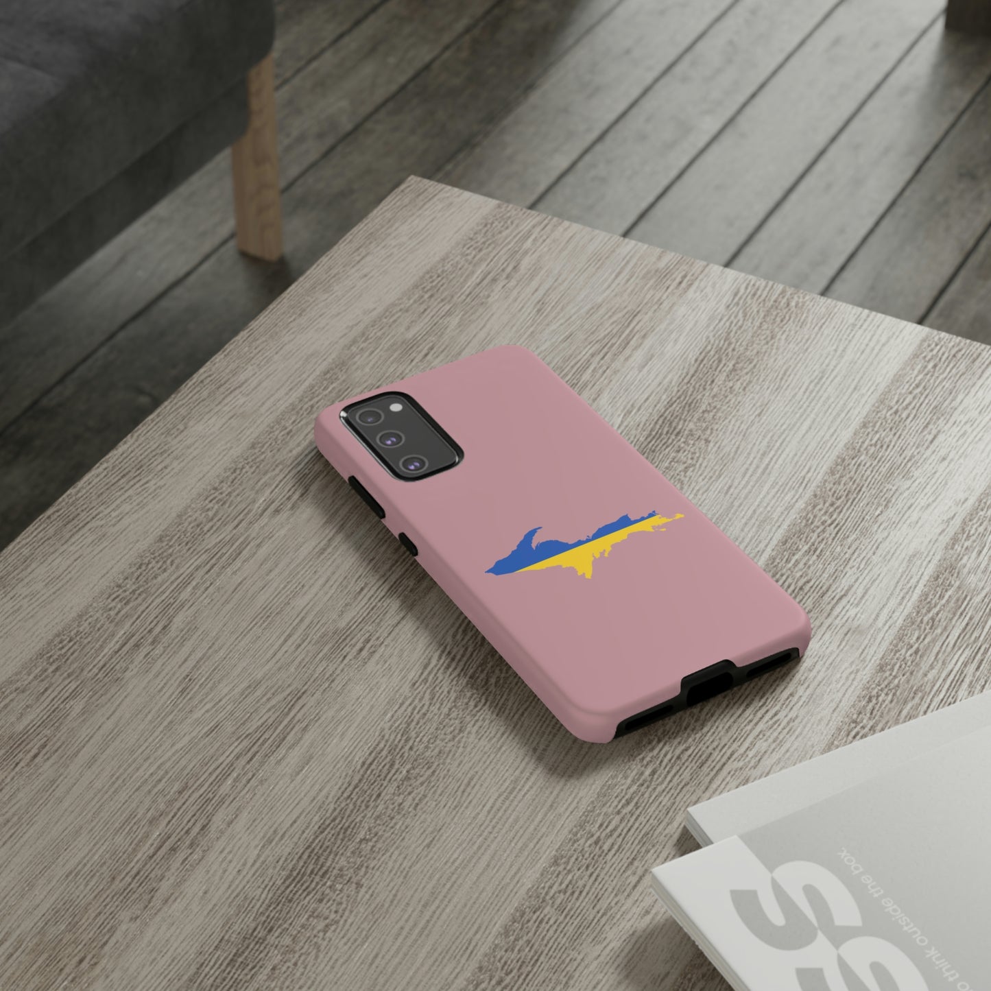 Michigan Upper Peninsula Tough Phone Case (Cherry Blossom Pink w/ UP Ukraine Flag Outline) | Samsung & Pixel Android