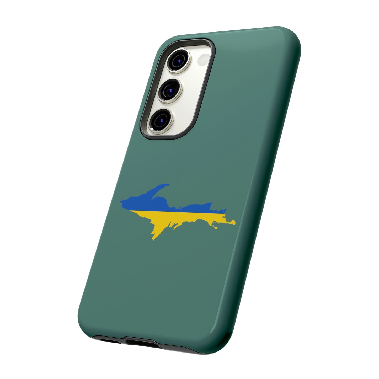 Michigan Upper Peninsula Tough Phone Case (Copper Green w/ UP Ukraine Flag Outline) | Samsung & Pixel Android