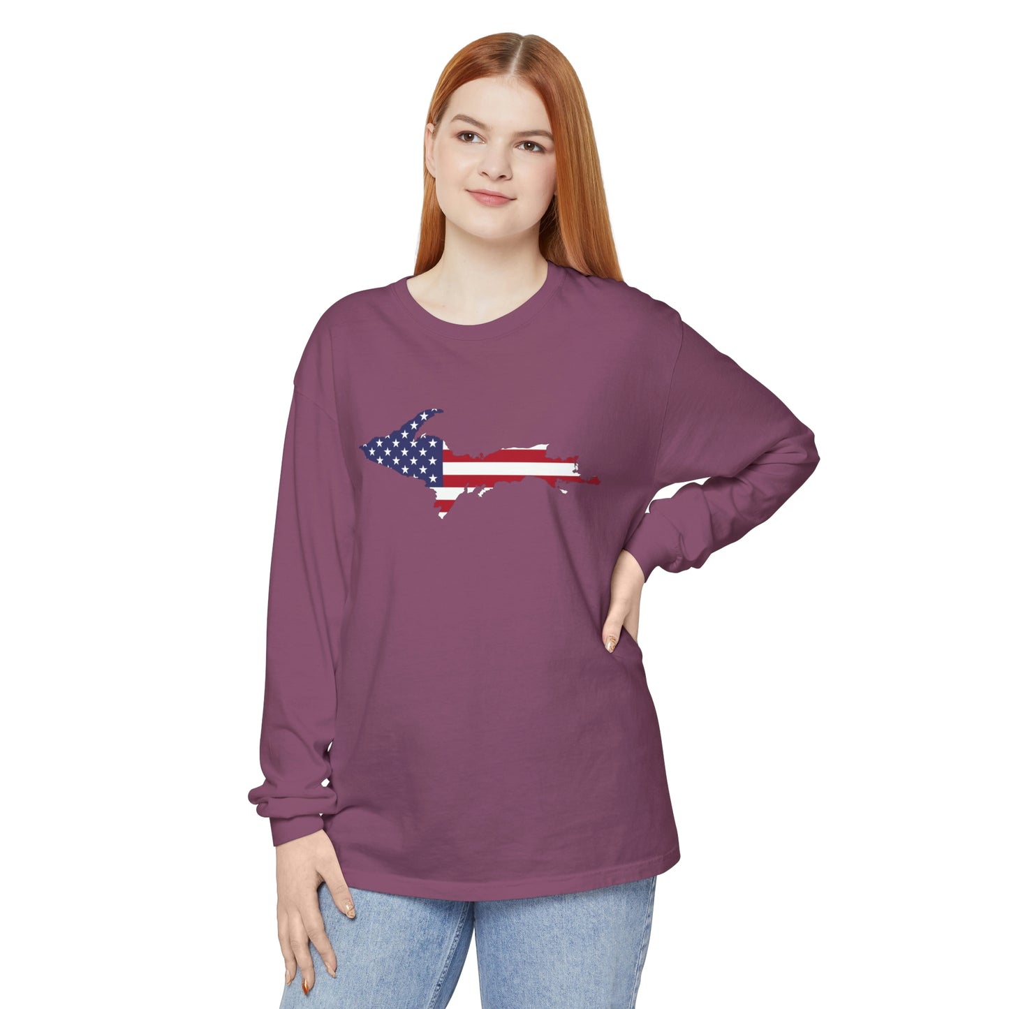 Michigan Upper Peninsula Garment-Dyed T-Shirt (w/ UP USA Flag Outline) | Unisex Long Sleeve