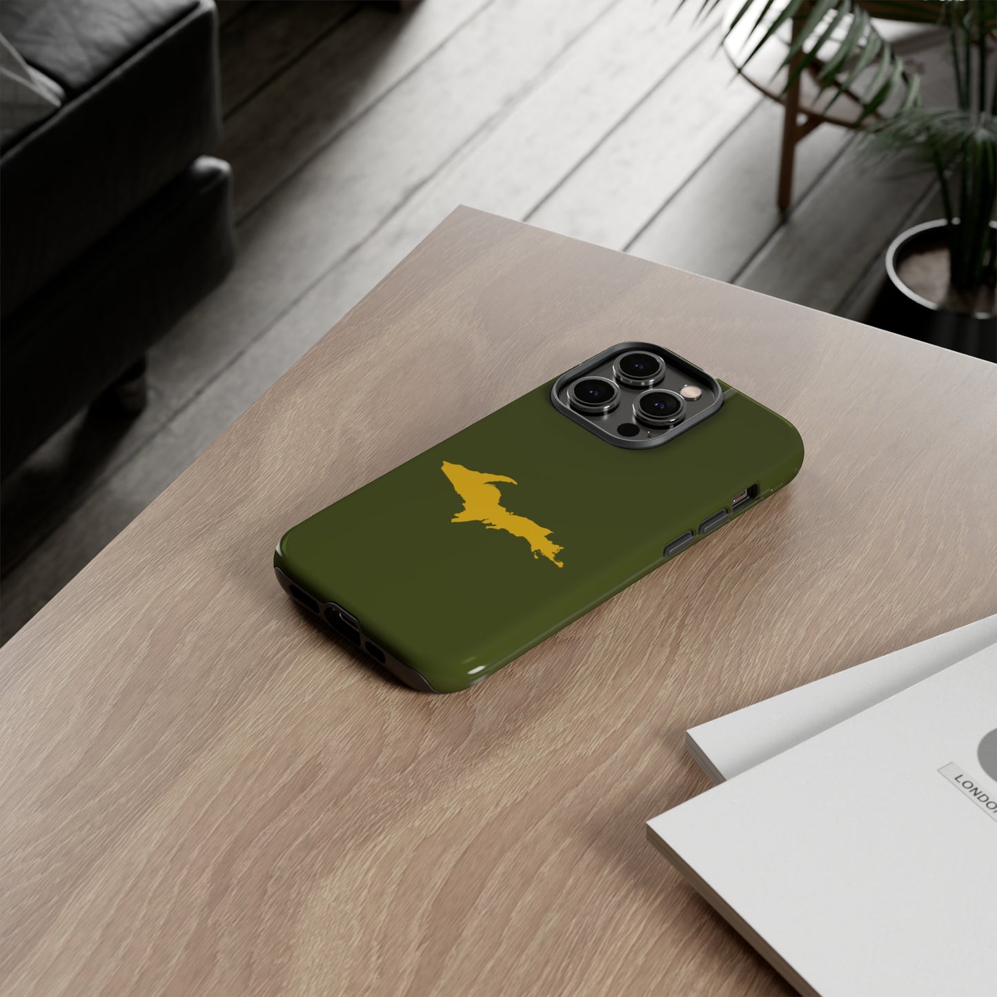 Michigan Upper Peninsula Tough Phone Case (Army Green w/ Gold UP Outline) | Apple iPhone