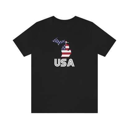 Michigan 'USA' T-Shirt (Audiophile Font w/ MI USA Flag Outline) | Unisex Standard Fit