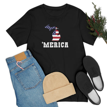 Michigan 'Merica' T-Shirt (Western Font w/ MI USA Flag Outline) | Unisex Standard Fit