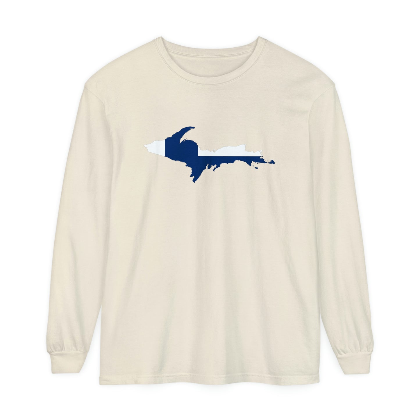 Michigan Upper Peninsula Garment-Dyed T-Shirt (w/ UP Finland Flag Outline) | Unisex Long Sleeve