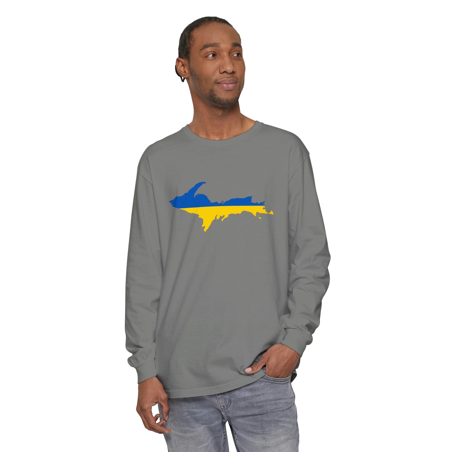 Michigan Upper Peninsula Garment-Dyed T-Shirt (w/ UP Ukraine Flag Outline) | Unisex Long Sleeve