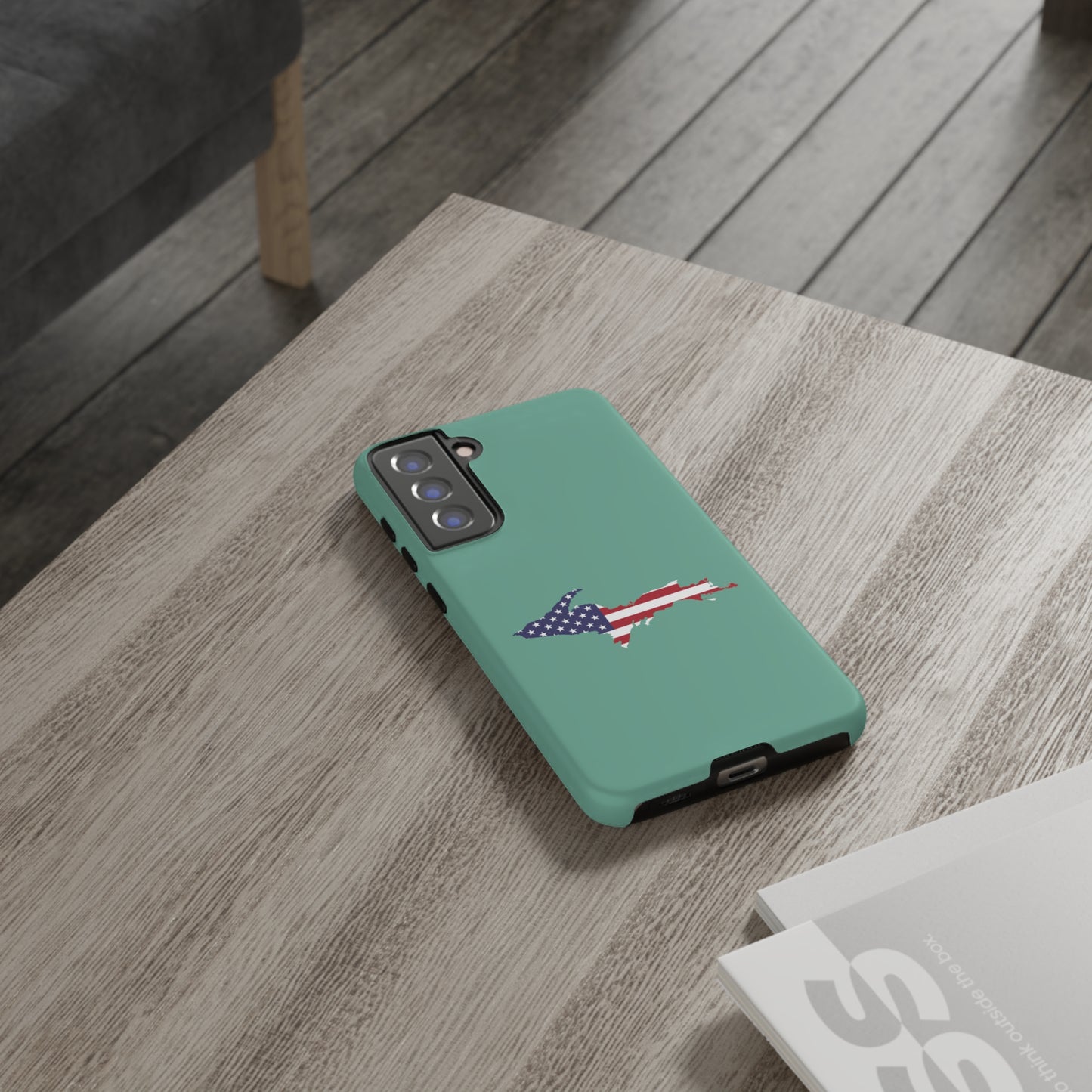 Michigan Upper Peninsula Tough Phone Case ('64 Metallic Mint Green w/ UP USA Flag Outline) | Samsung & Pixel Android