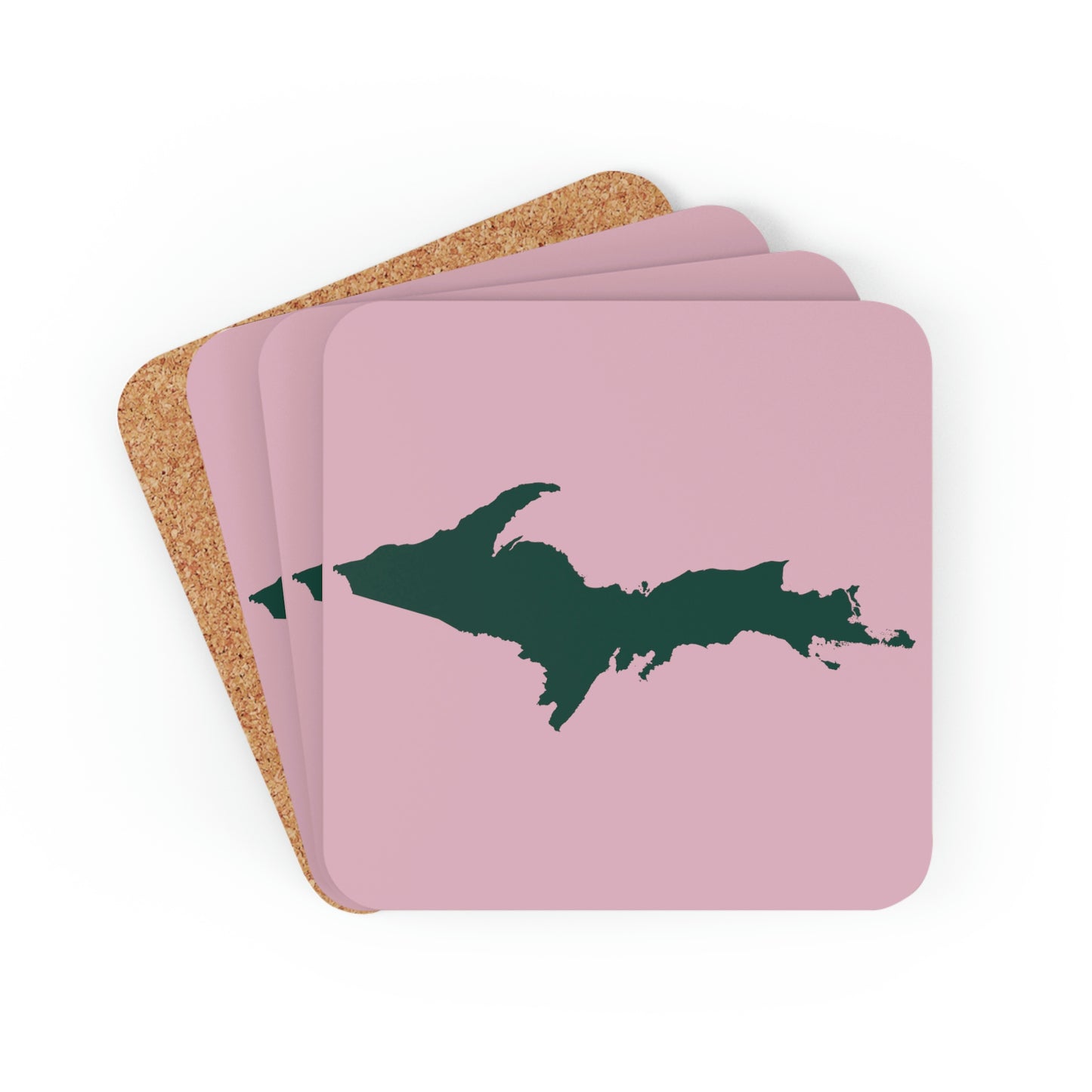 Michigan Upper Peninsula Coaster Set (Pink w/ Green UP Outline) | Corkwood - 4 pack