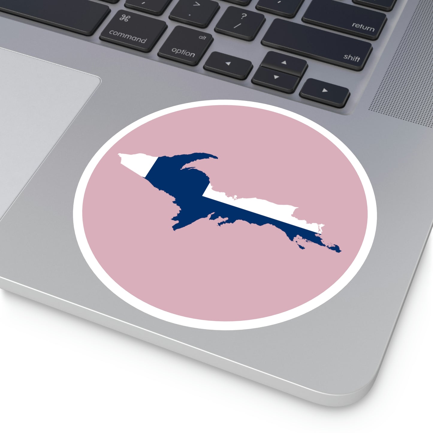 Michigan Upper Peninsula Round Stickers (Pink w/ UP Finland Flag Outline) | Indoor\Outdoor