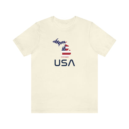 Michigan 'USA' T-Shirt (Space Agency Font w/ MI USA Flag Outline) | Unisex Standard Fit