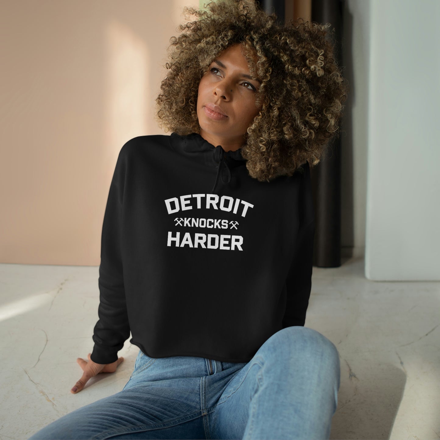 'Detroit Knocks Harder' Hoodie | Women's Cropped Relaxed Fit