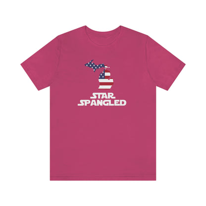 Michigan 'Star Spangled' T-Shirt (Epic Sci Fi Font w/ MI USA Flag Outline) | Unisex Standard Fit