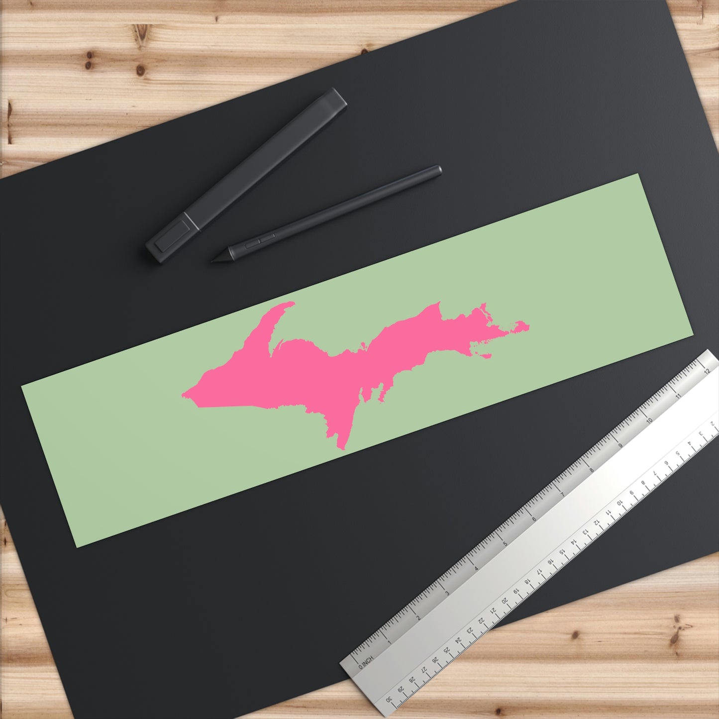 Michigan Upper Peninsula Bumper Sticker (w/ Pink UP Outline) | Green Tea Color Background