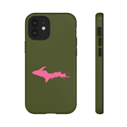 Michigan Upper Peninsula Tough Phone Case (Army Green w/ Pink UP Outline) | Apple iPhone