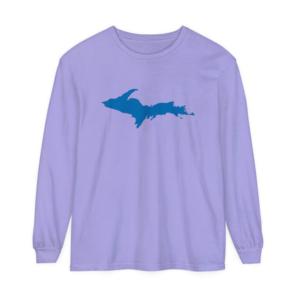 Michigan Upper Peninsula Garment-Dyed T-Shirt (w/ Azure UP Outline) | Unisex Long Sleeve