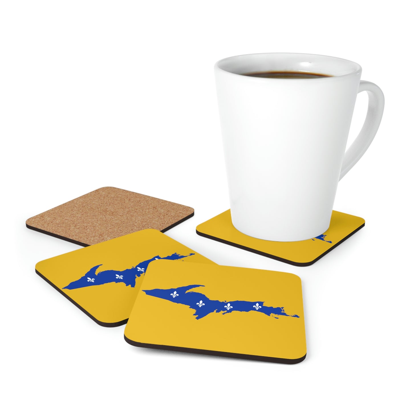 Michigan Upper Peninsula Coaster Set (Gold w/ UP Quebec Flag Outline) | Corkwood - 4 pack