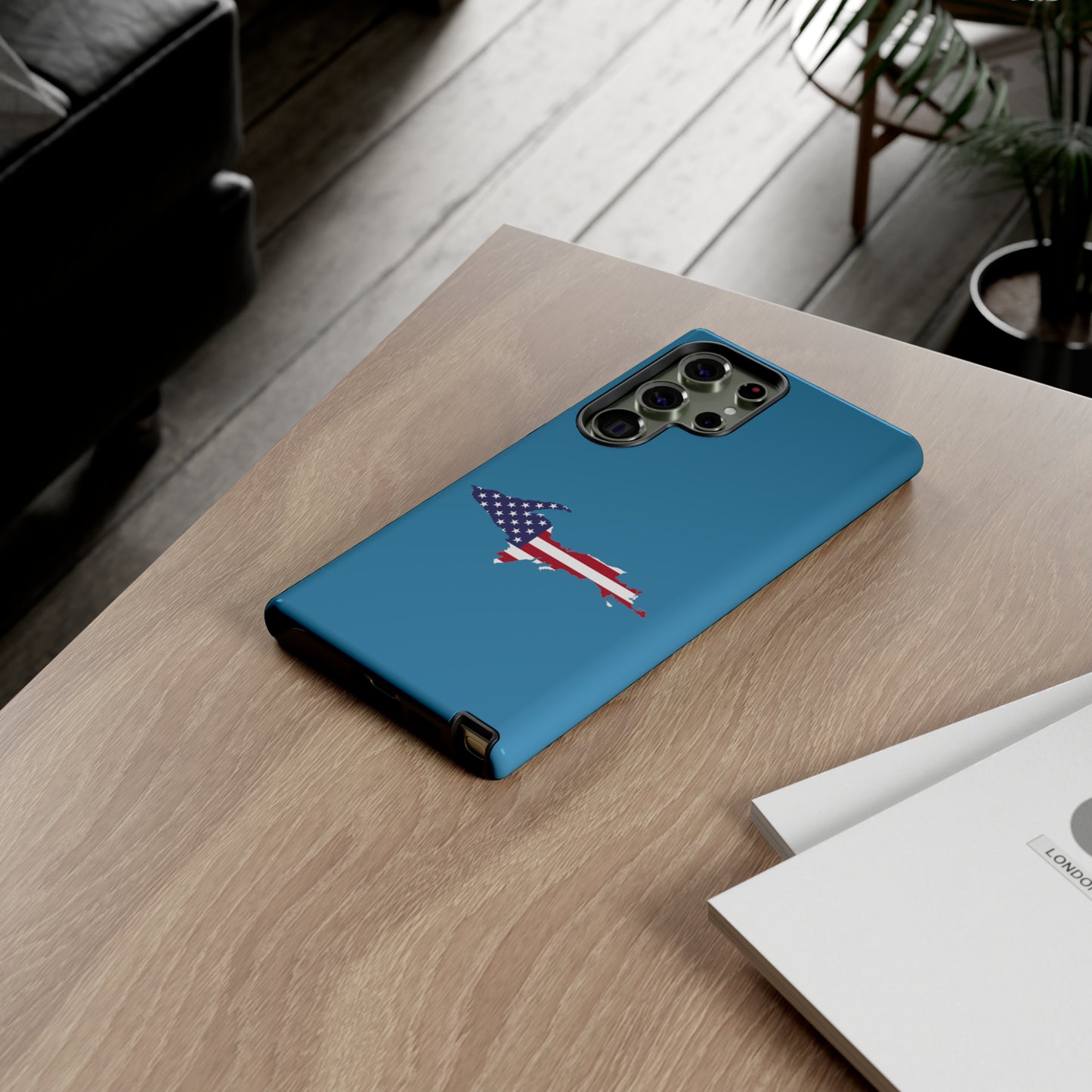 Michigan Upper Peninsula Tough Phone Case (Lake Michigan Blue w/ UP USA Flag Outline) | Samsung & Pixel Android