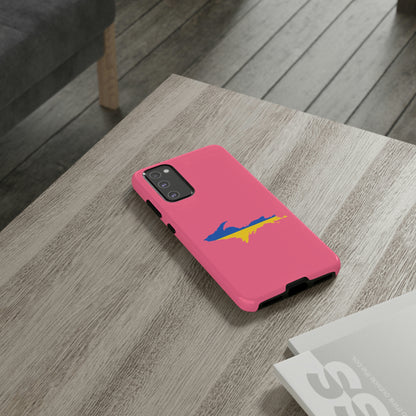 Michigan Upper Peninsula Tough Phone Case (Rhodochrosite Pink w/ UP Ukraine Flag Outline) | Samsung & Pixel Android