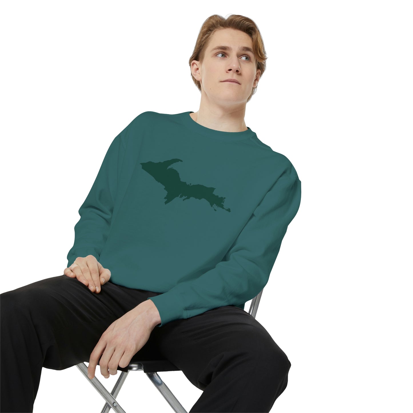 Michigan Upper Peninsula Sweatshirt (w/ Green UP Outline) | Unisex Garment Dyed