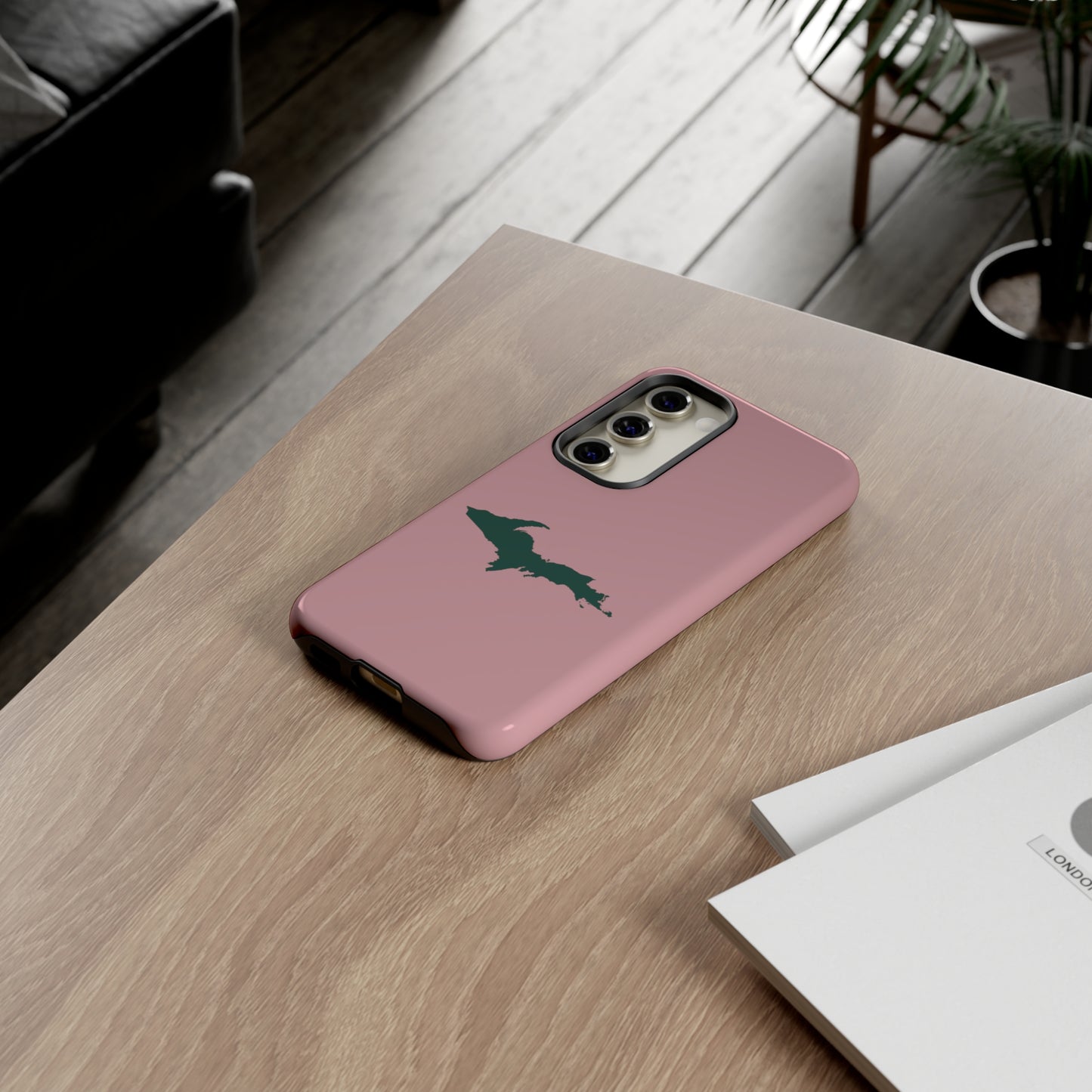 Michigan Upper Peninsula Tough Phone Case (Cherry Blossom Pink w/ Green UP Outline) | Samsung & Pixel Android