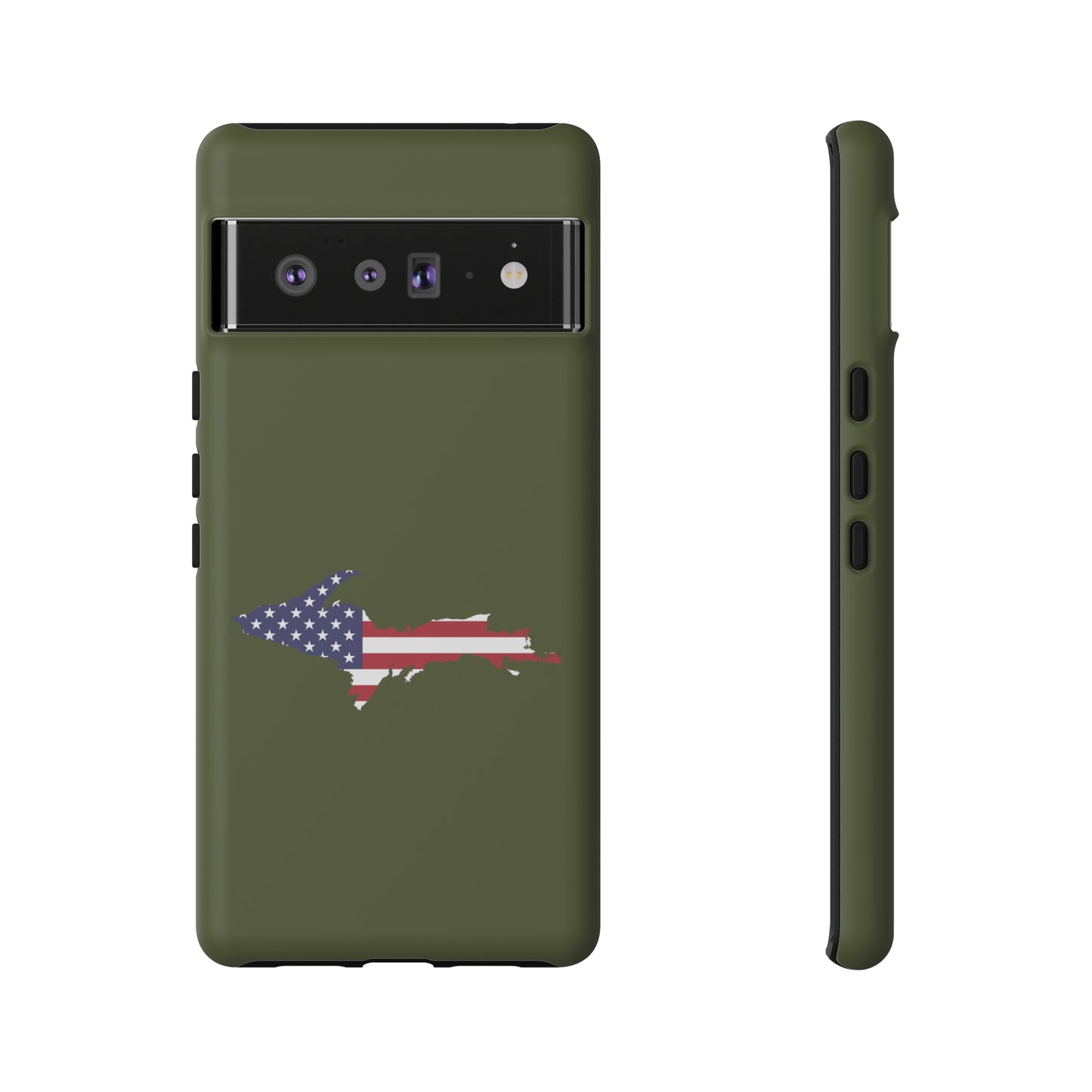 Michigan Upper Peninsula Tough Phone Case (Army Green w/ UP USA Flag Outline) | Samsung & Pixel Android