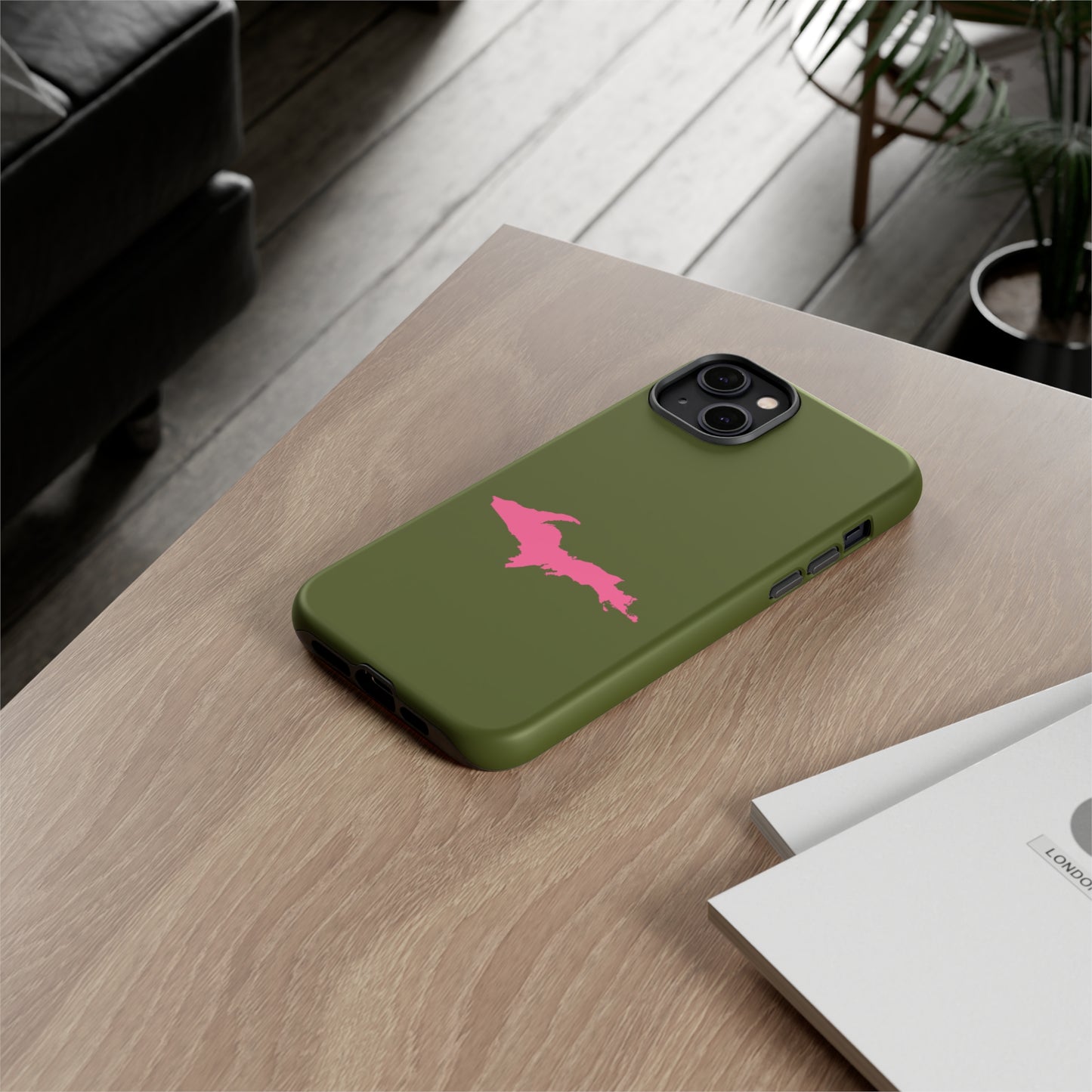 Michigan Upper Peninsula Tough Phone Case (Army Green w/ Pink UP Outline) | Apple iPhone