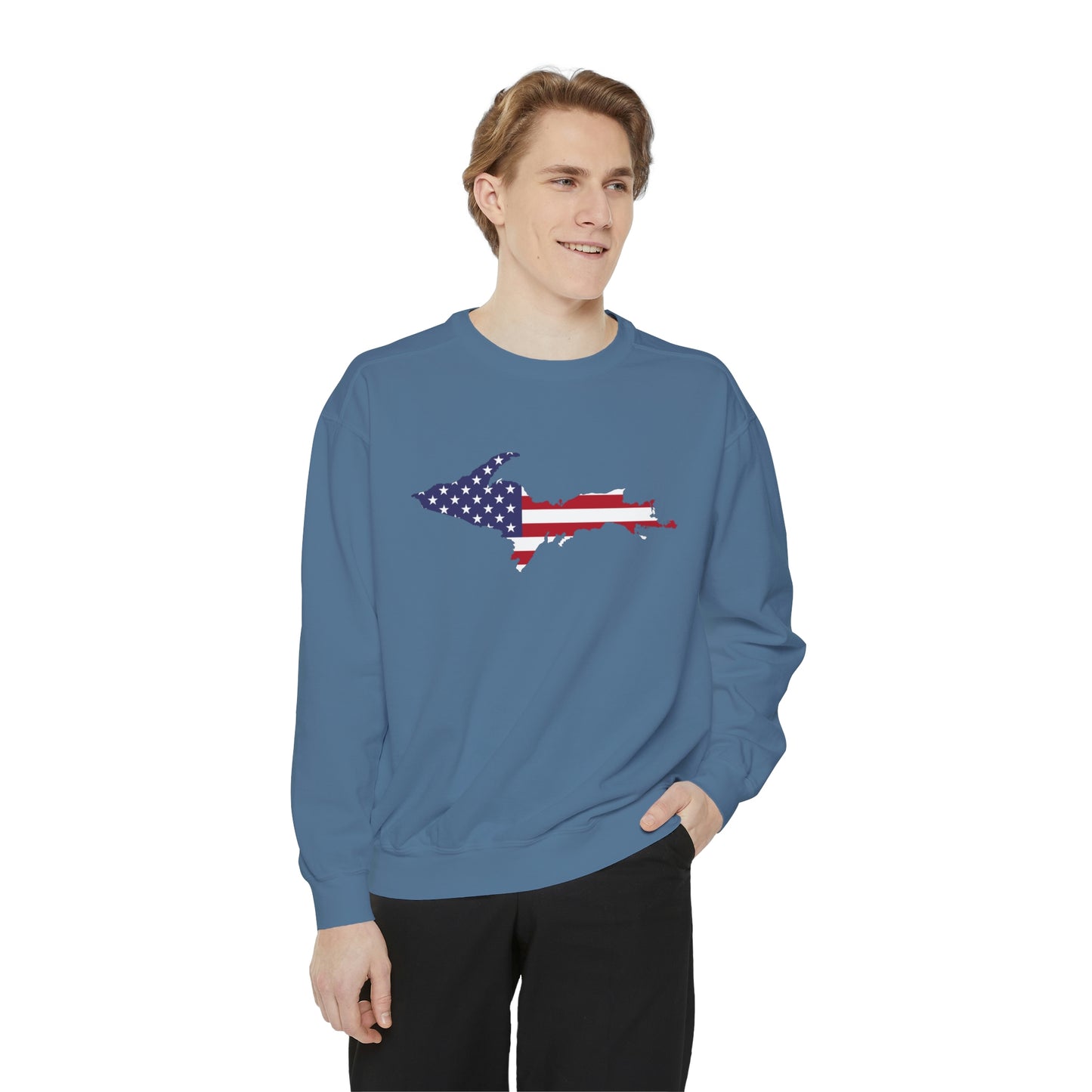Michigan Upper Peninsula Sweatshirt (w/ UP USA Flag Outline) | Unisex Garment Dyed
