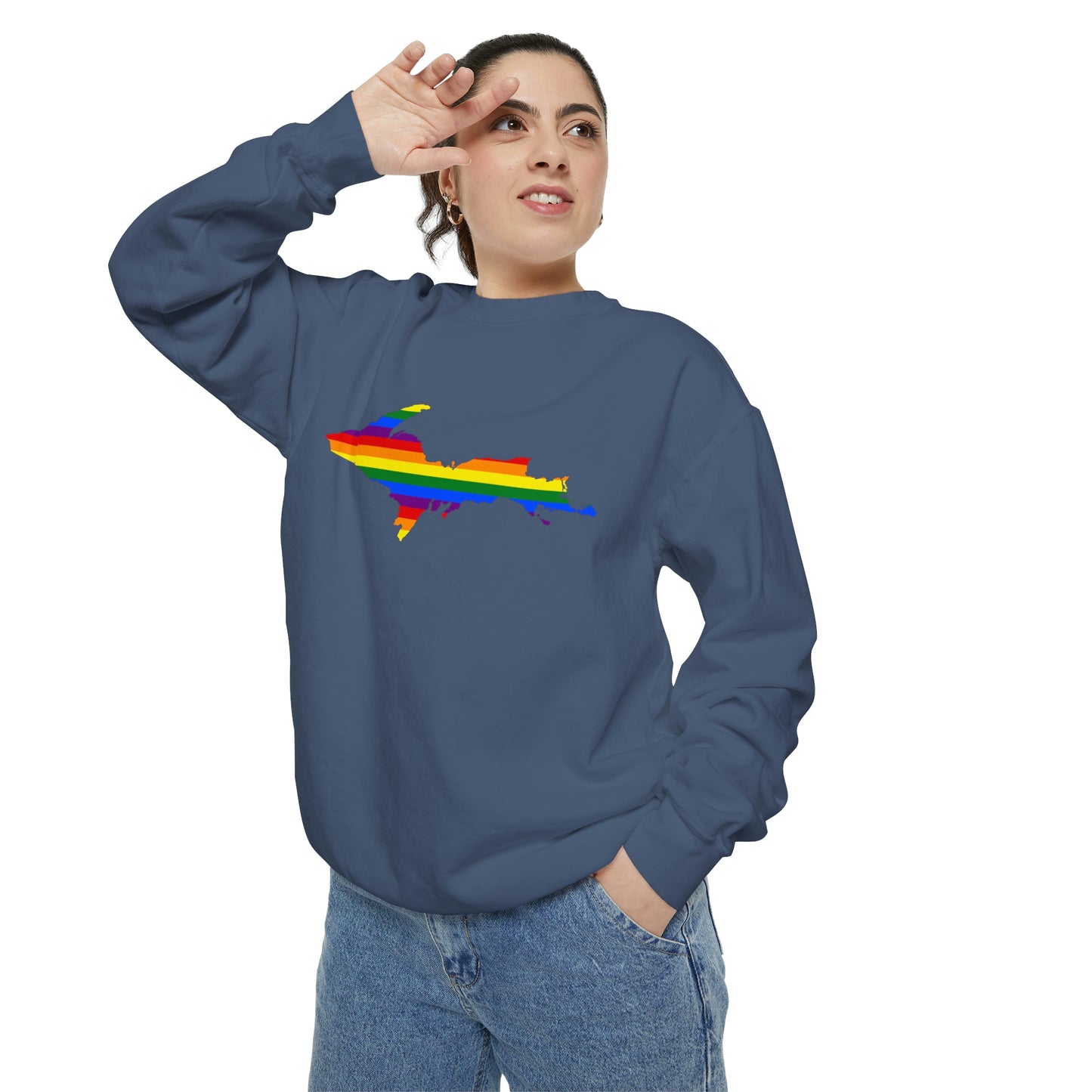 Michigan Upper Peninsula Sweatshirt (w/ UP Pride Flag Outline) | Unisex Garment Dyed