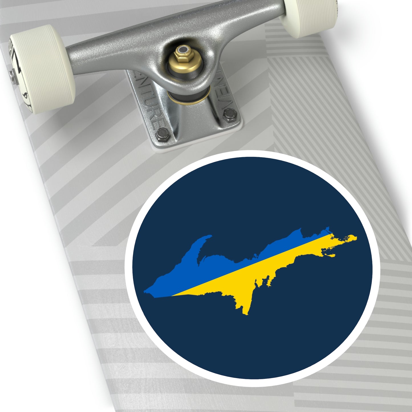 Michigan Upper Peninsula Round Stickers (Navy w/ UP Ukraine Flag Outline) | Indoor\Outdoor