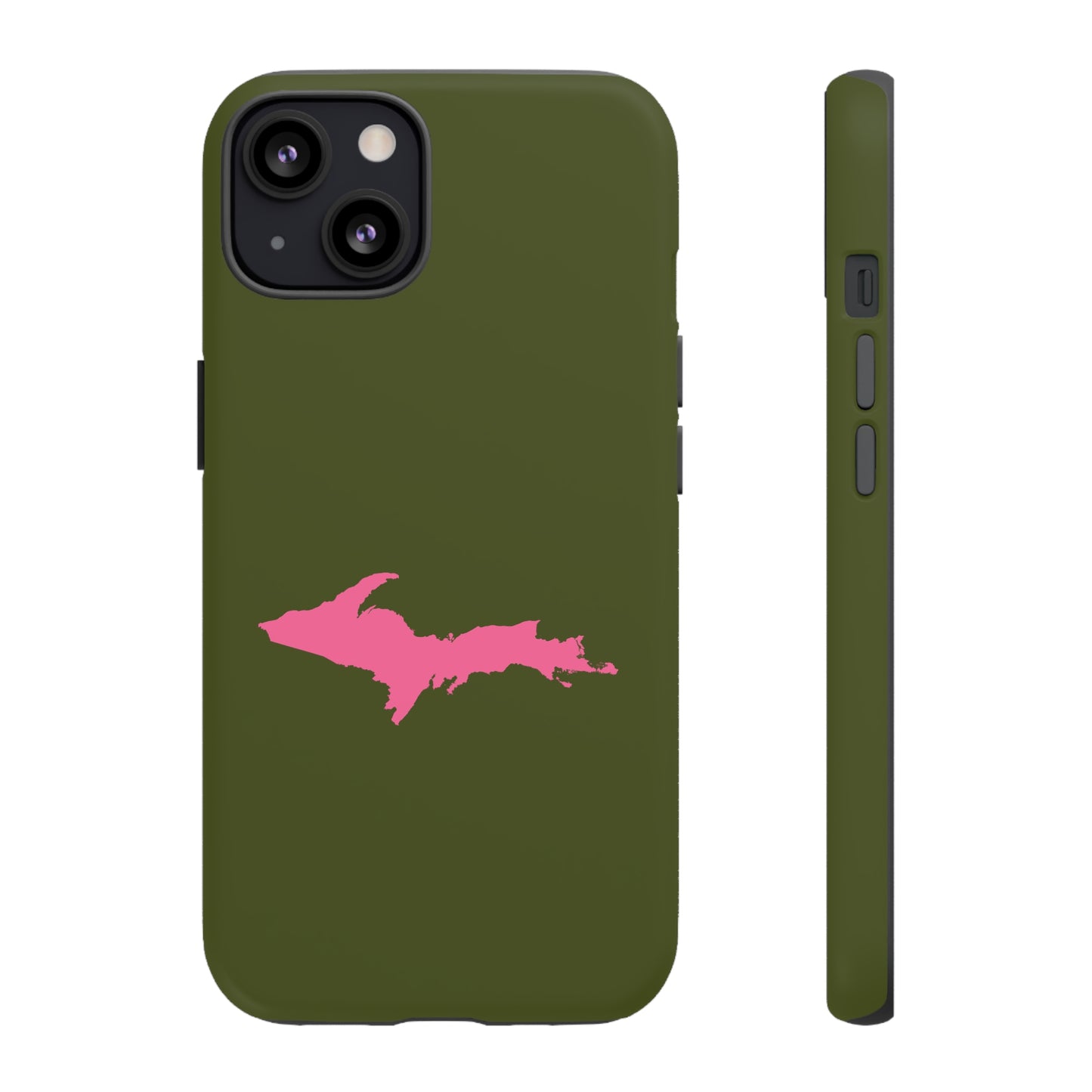 Michigan Upper Peninsula Tough Phone Case (Army Green w/ Pink UP Outline) | Apple iPhone