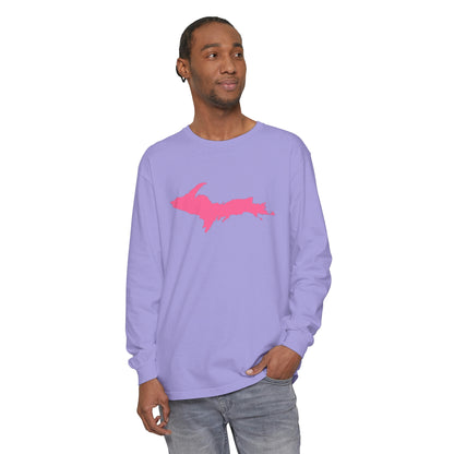 Michigan Upper Peninsula Garment-Dyed T-Shirt (w/ Pink UP Outline) | Unisex Long Sleeve