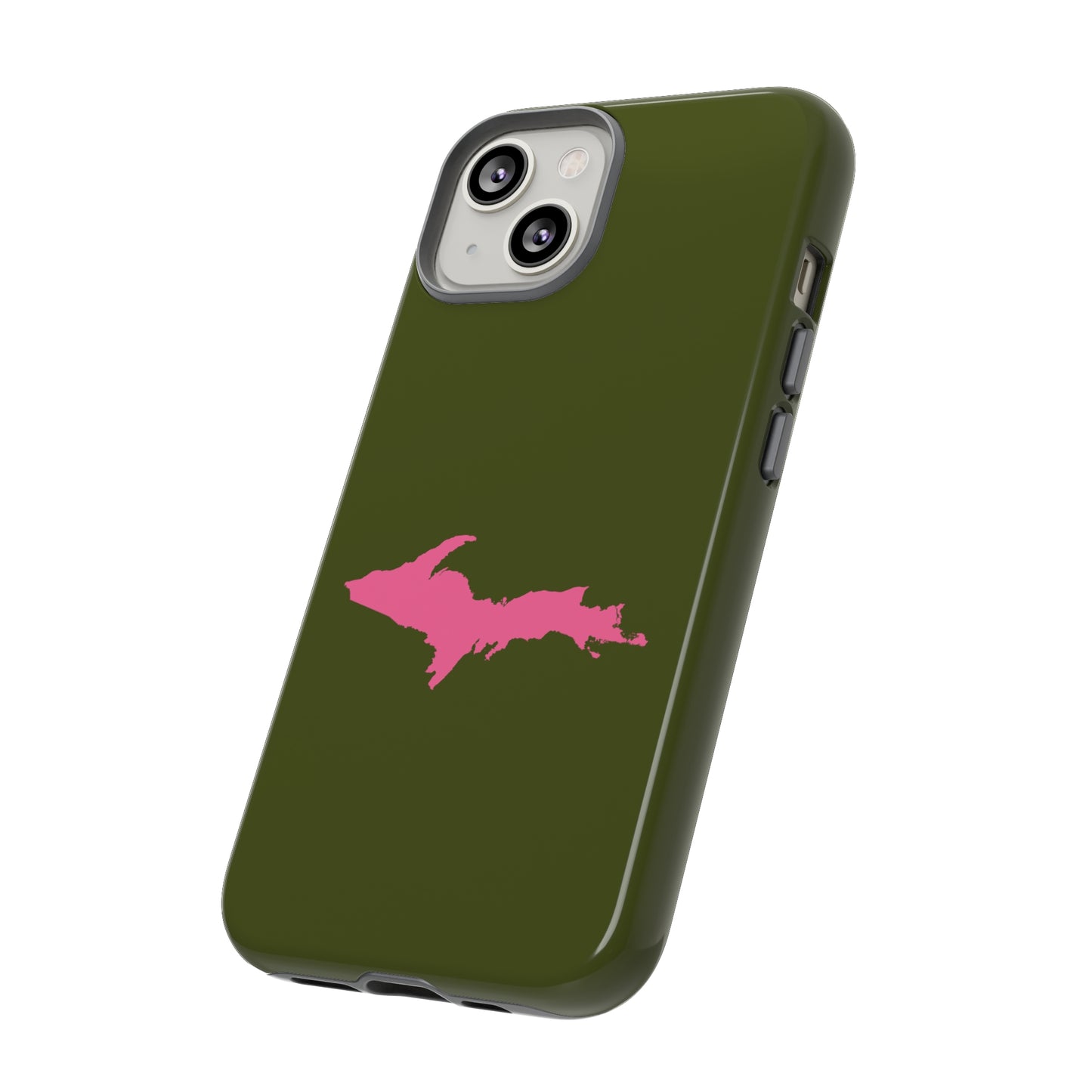 Michigan Upper Peninsula Tough Phone Case (Army Green w/ Pink UP Outline) | Apple iPhone