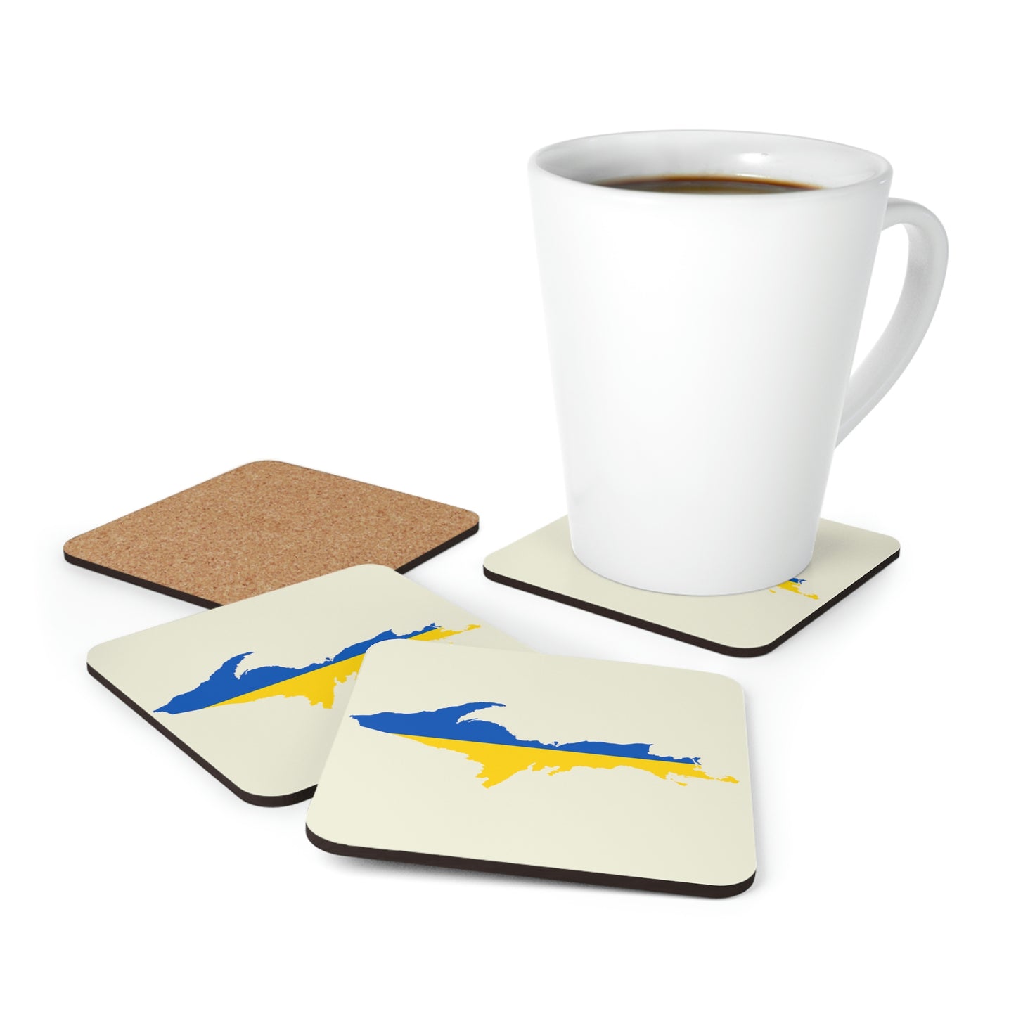 Michigan Upper Peninsula Coaster Set (Ivory Color w/ UP Ukraine Flag Outline) | Corkwood - 4 pack