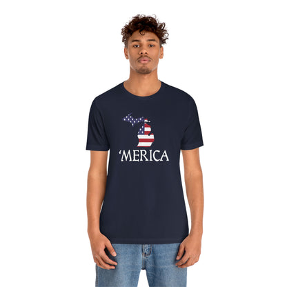 Michigan 'Merica' T-Shirt (Elizabethan Font w/ MI USA Flag Outline) | Unisex Standard Fit