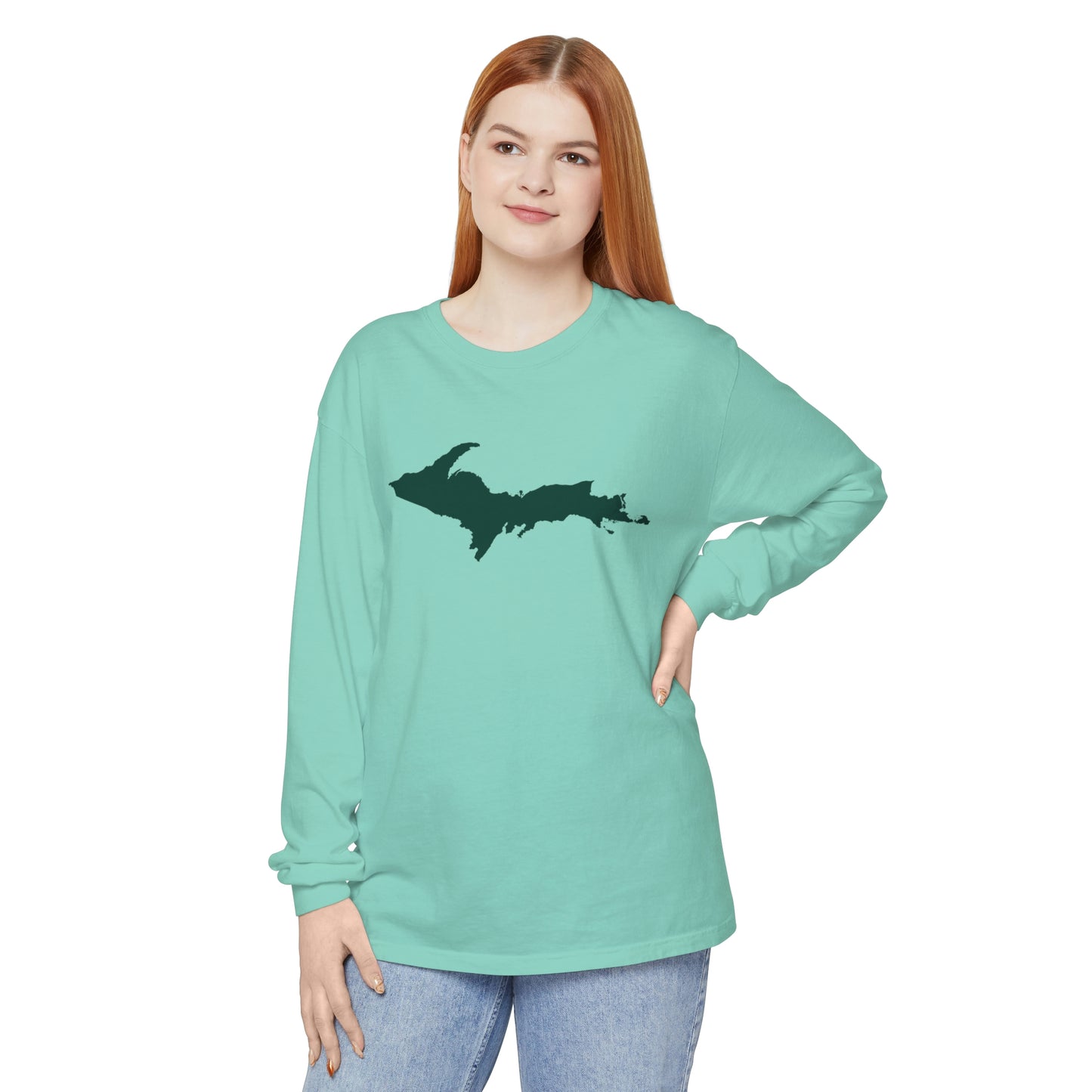 Michigan Upper Peninsula Garment-Dyed T-Shirt (w/ Green UP Outline) | Unisex Long Sleeve