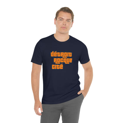 'Détroit Rocque Cité' T-Shirt (Orange Automotive Crime Parody) | Unisex Standard Fit