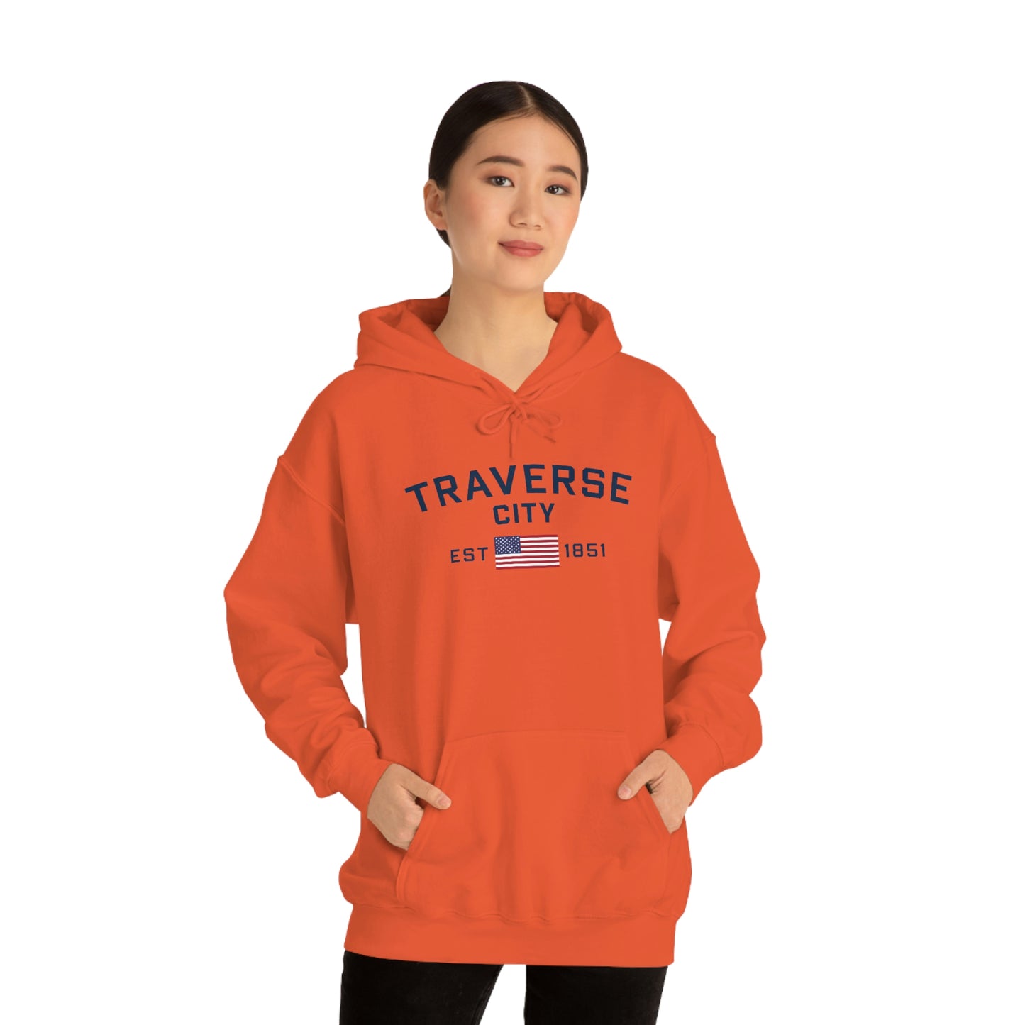 'Traverse City EST 1851' Hoodie (w/USA Flag Outline) | Unisex Standard