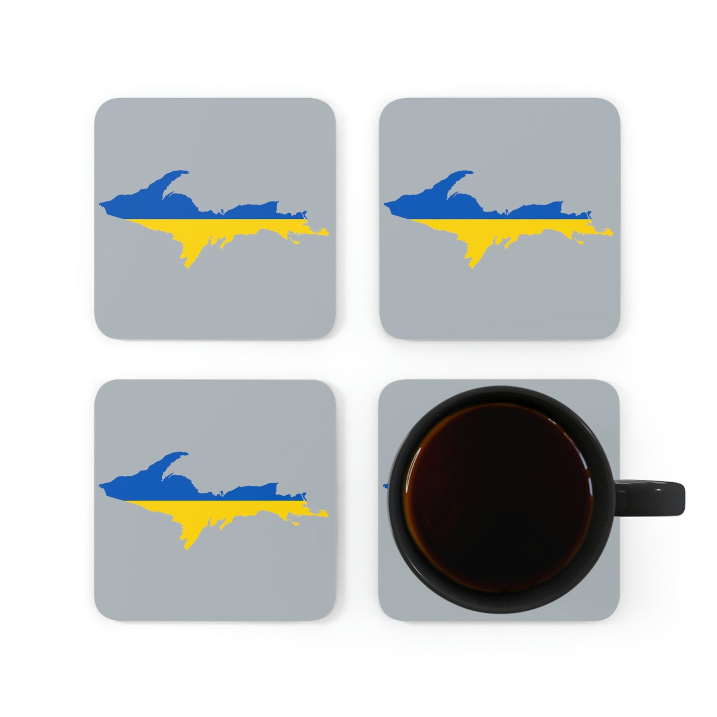 Michigan Upper Peninsula Coaster Set (Silver w/ UP Ukraine Flag Outline) | Corkwood - 4 pack