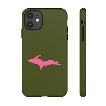 Michigan Upper Peninsula Tough Phone Case (Army Green w/ Pink UP Outline) | Apple iPhone