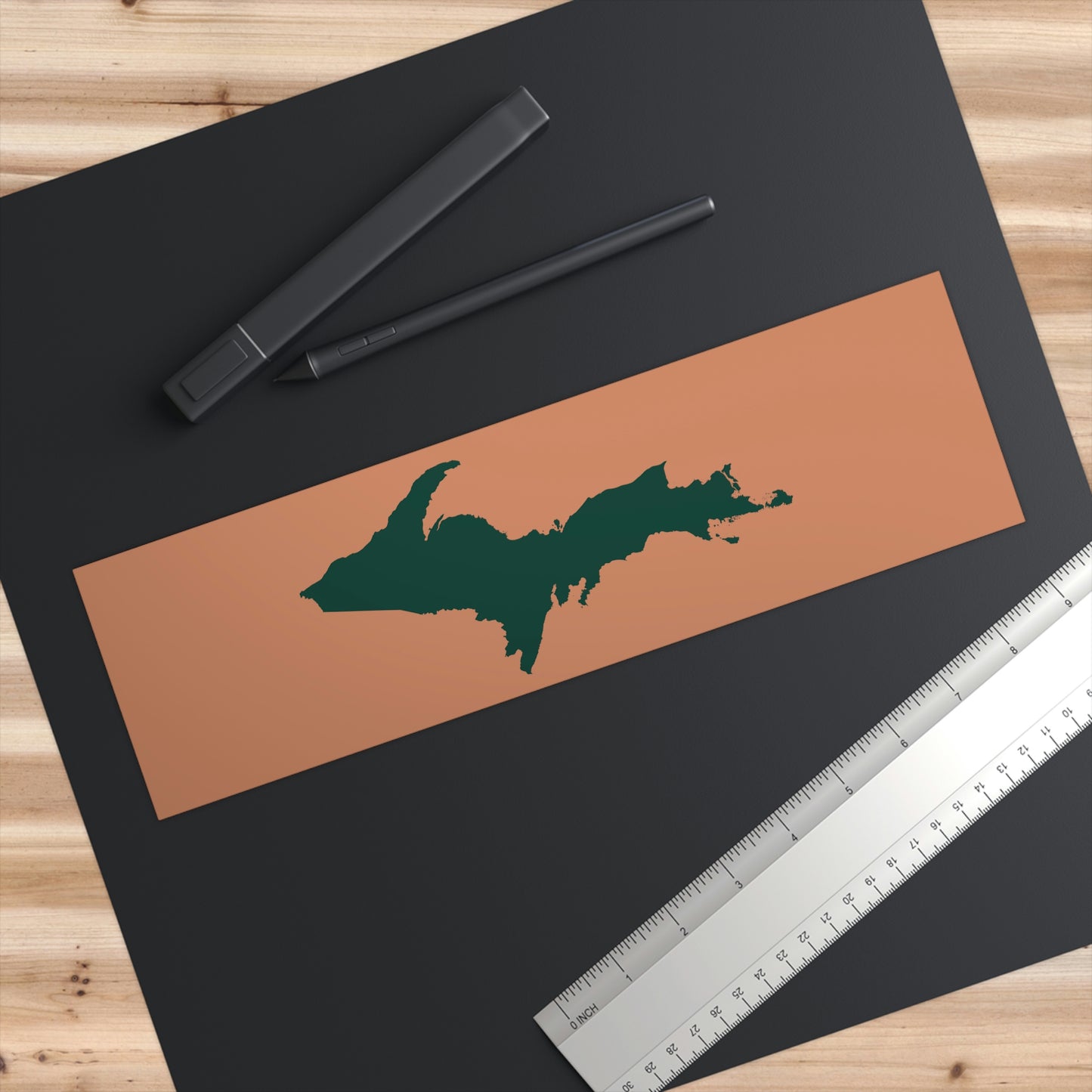 Michigan Upper Peninsula Bumper Sticker (w/ Green UP Outline) | Copper Color Background