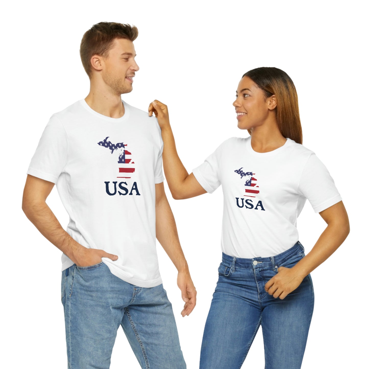 Michigan 'USA' T-Shirt (Woodcut Font w/ MI USA Flag Outline) | Unisex Standard Fit