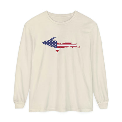 Michigan Upper Peninsula Garment-Dyed T-Shirt (w/ UP USA Flag Outline) | Unisex Long Sleeve