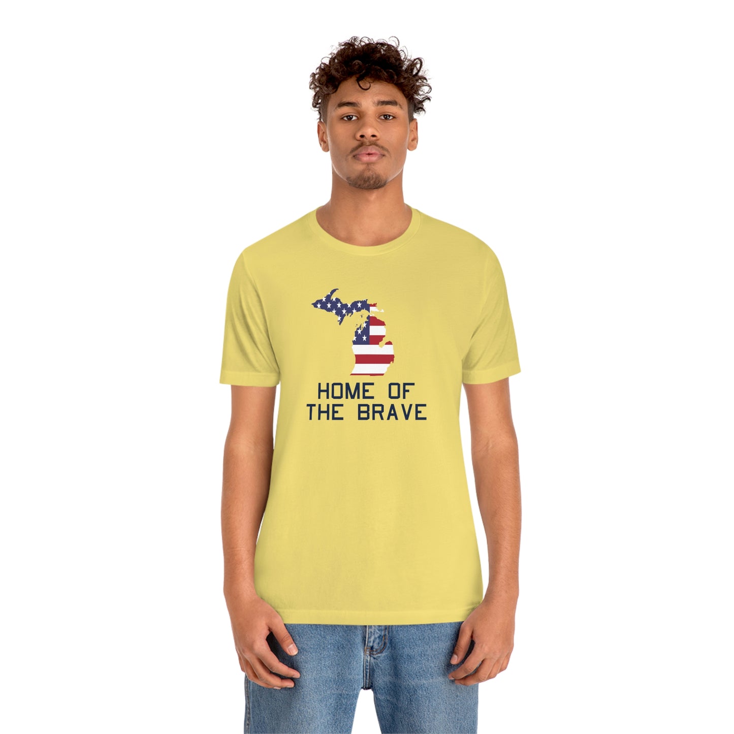 Michigan 'Home of the Brave' T-Shirt (USN Stencil Font w/ MI USA Outline) | Unisex Standard Fit